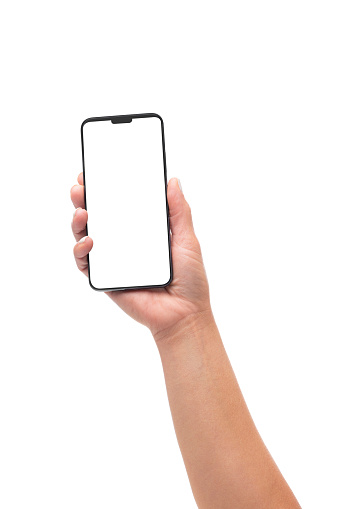 Close up view of a female hand holding straight up a smartphone with blank screen isolated on white background. Copy space on smartphone screen and in background