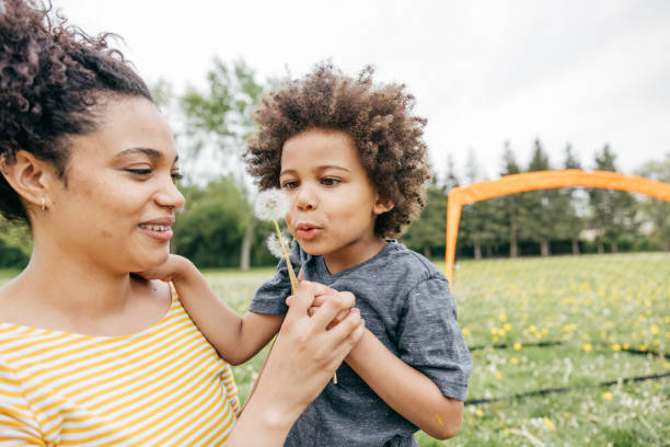 istock Boy blowing seeds off dandelion, close up, side view 1320194551