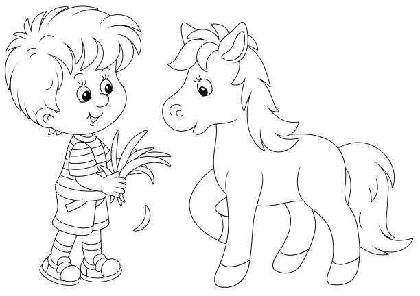 Little boy feeding a cute small pony Happy kid giving fresh grass to a cute pony, black and white outline vector cartoon illustration for a coloring book page farm cartoon animal child stock illustrations