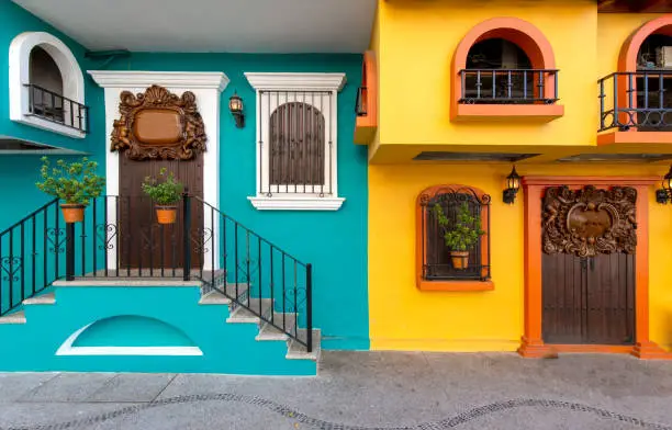 Puerto Vallarta colorful streets in historic city center near the sea promenade (Malecon) and Playa de los Muertos beach.