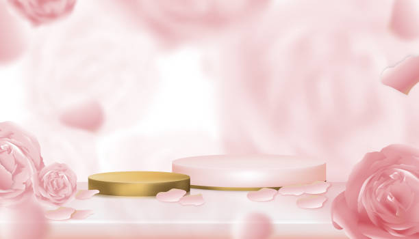istock Studio room with Gold Cylinder Podium Showcase display with blurry English rose background,Vector 3D podium on blurry spring flower,Sweet pink pastel backdrop banner for cosmatic or Spa products 1320198535
