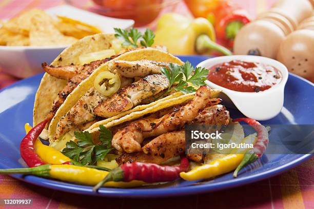 Grilled Chicken Meat In Taco Shells Stock Photo - Download Image Now - Chicken Meat, Chili Pepper, Curry Powder