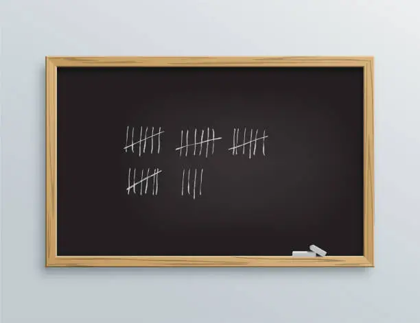 Vector illustration of School blackboard with marks of time left to vacations. Board with crossed out lines for counting days with wooden frame vector. Education and ideas in handwriting on white background