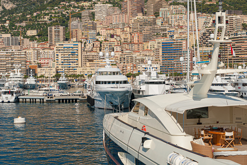 Monaco, Monaco - July 08 2008: Rows of luxury yachts in Monaco harbor.