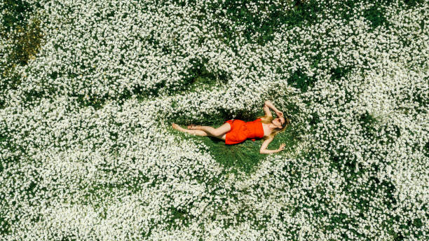 istock Beautiful woman lying on flower field 1320201896