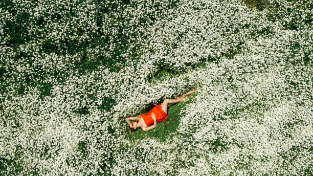 Beautiful woman lying on flower field