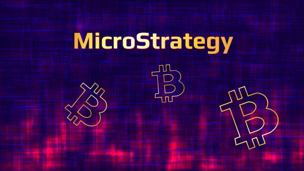 ilustrações de stock, clip art, desenhos animados e ícones de banner microstrategy incorporated on dark abstract background with bitcoin symbols and red glow. company that buys bitcoins and other digital coins and pushes the market up. vector illustration. - cargill, incorporated