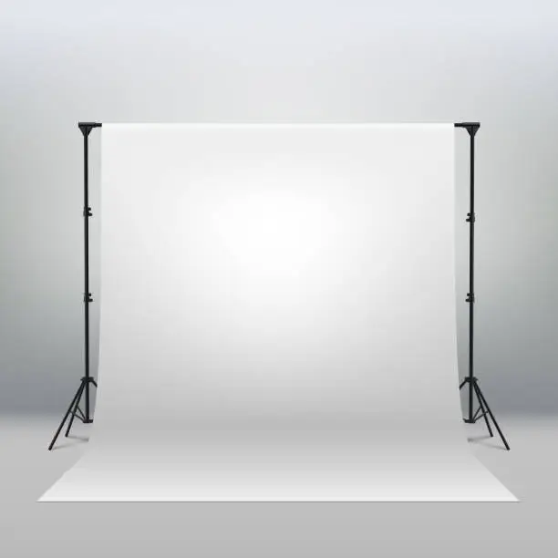 Vector illustration of Professional photo studio interior. Photography tripods and racks and paper roll
