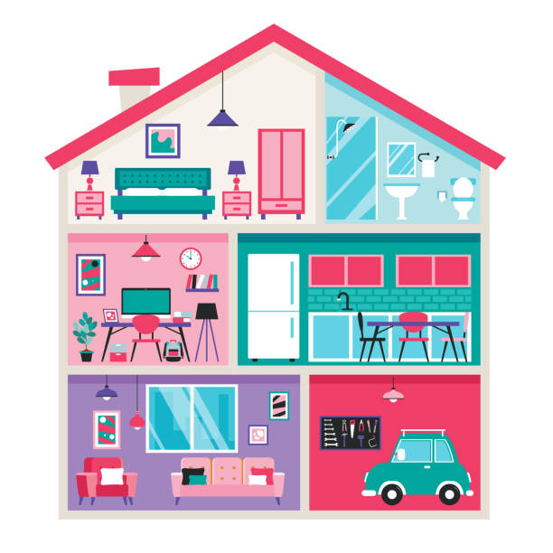 illustrations, cliparts, dessins animés et icônes de chambres avec meubles plats - model home house home interior roof