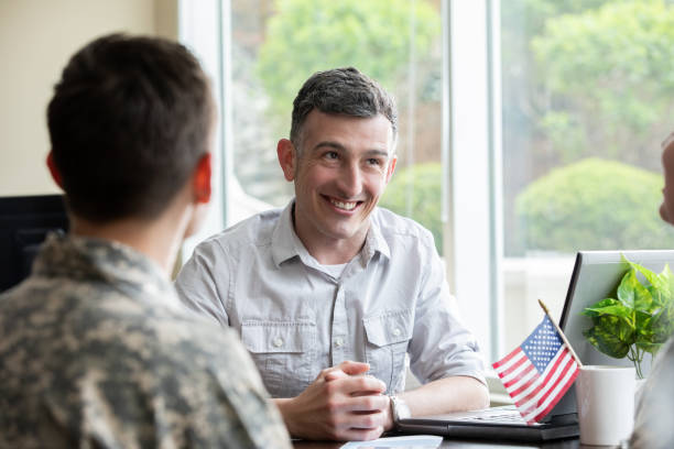 istock Financial planner meets with young military servicemen 1320208605