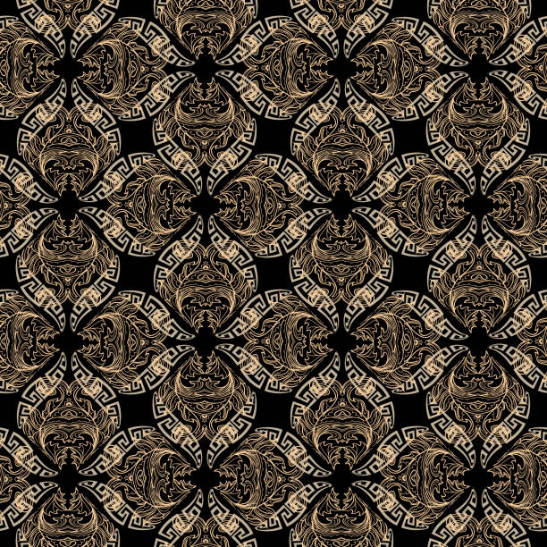 istock Gold Baroque seamless pattern. Damask ornamental vector background. Floral greek style lines ornaments with vintage flowers, leaves. Repeat ornate backdrop. Greek key, meanders. Decorative design 1320208634