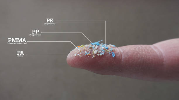 A Bunch Of Plastic Rubbish That Cannot Be Recycled. Infographic Of Microplastics On a Human Finger. Creative Concept Of Water Pollution And Global Warming. Climate Change Idea. impact photos stock pictures, royalty-free photos & images