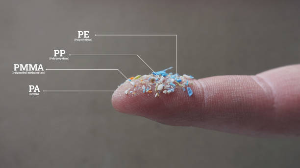 A Bunch Of Plastic Rubbish That Cannot Be Recycled. Infographic Of Microplastics On a Human Finger. Creative Concept Of Water Pollution And Global Warming. Climate Change Idea. microplastic stock pictures, royalty-free photos & images