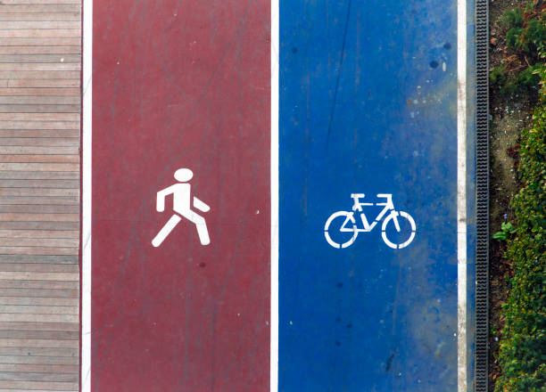 Walking and cycling icons on ground. Transport mode choice in contemporary cities.
