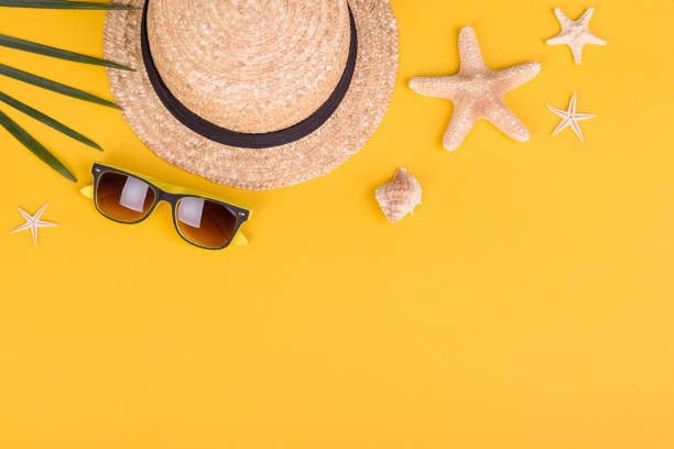 istock Beach accessories: glasses and hat with shells and sea stars on a colored background 1320211004