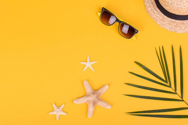 istock Beach accessories: glasses and hat with shells and sea stars on a colored background 1320211026