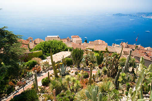 Vertical photography of Eze village over the bue mediterranean sea during a sunny day.
