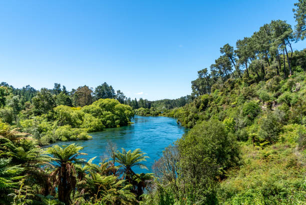 waikato river, à wairakei park of taupo - chutes de huka photos et images de collection