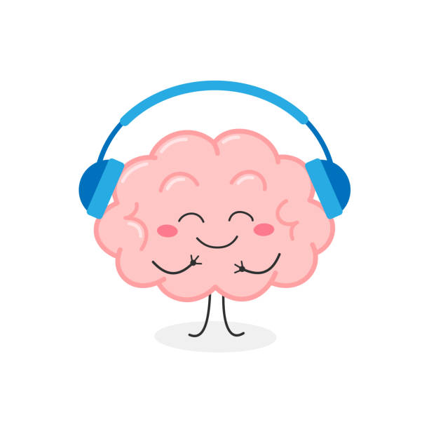 radosny ludzki mózg organ charakter słuchanie muzyki - smiley face audio stock illustrations