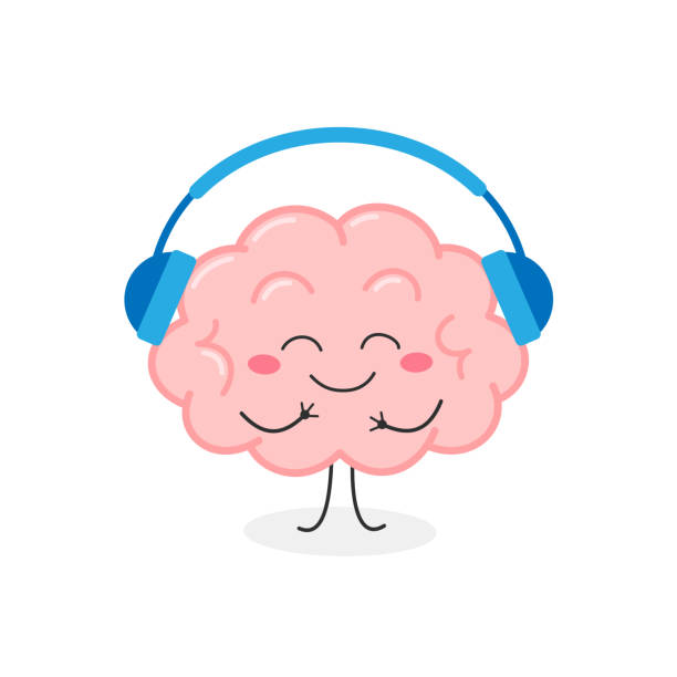 Joyful human brain organ character listening music Cute joyful human brain organ character listening music in headphones. Vector flat illustration isolated on white background flat thinking emoji stock illustrations