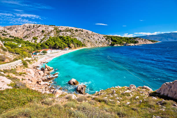 vista de playa turquesa de la isla de krk, famosa playa de fkk bunculuka - krk fotografías e imágenes de stock