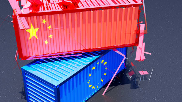 istock Red chinese flag cargo shipping container falling down, crushing from above on a blue european union container with EU flag. Chinese industry vs european economy production market fight concept, 3d 1320222230