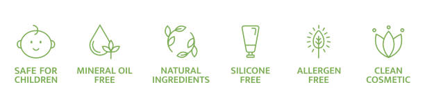 Organic and natural cosmetic line icons. Skincare symbol. Allergen free badges. Beauty product. Clean cosmetic. Non toxic logo. Eco, vegan label. Safe for children. Vector illustration Organic and natural cosmetic line icons. Skincare symbol. Allergen free badges. Beauty product. Clean cosmetic. Non toxic logo. Eco, vegan label. Safe for children. Vector illustration. silicon stock illustrations