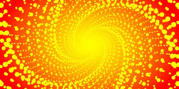 Vector illustration of A very beautiful spiral cross pattern of yellow and orange lines and dots on a red background with a bright light in the center. Flying dots balls