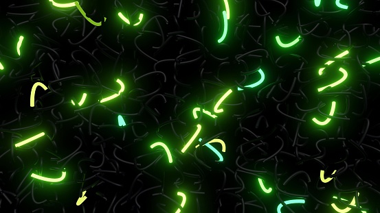 3d abstract background with neon light, green flashes of light bulbs of unusual shapes. Curved lines flash bright in the dark. Motion design bg. 3d render.