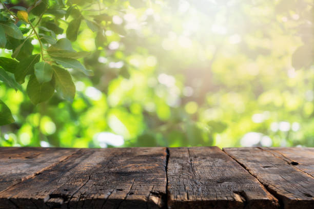 istock Abstract backgrounds: Empty wooden table with defocused yellowish lush foliage at background 1320224250