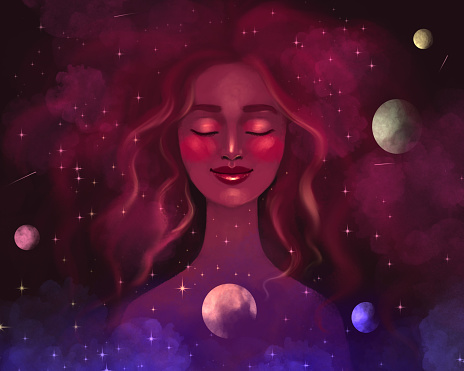drawn woman girl on the background of the cosmos of the universe and stars, with closed eyes and a smile. nap, sleep or meditation, a state of calm and harmony
