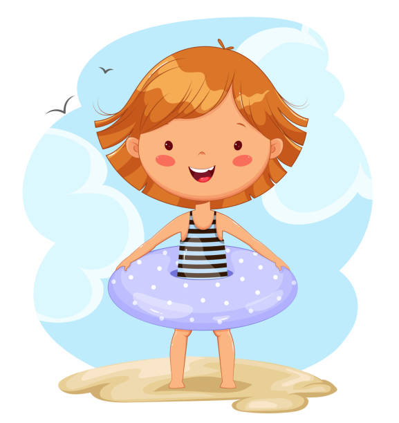 ilustrações de stock, clip art, desenhos animados e ícones de cute little girl with inflatable ring - swimwear child inner tube little girls