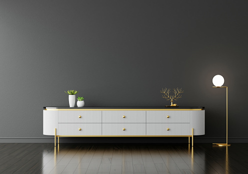 White sideboard in black living room with copy space, 3D rendering