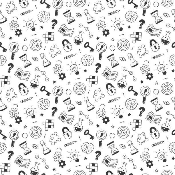 Puzzle and riddles. Hand drawn seamless pattern with crossword puzzle, maze, brain, chess piece, light bulb, labyrinth, gear, lock and key Puzzle and riddles. Hand drawn seamless pattern with crossword puzzle, maze, brain, chess piece, light bulb, labyrinth, gear, lock and key. Vector illustration in doodle style on white background crossword puzzle drawing stock illustrations