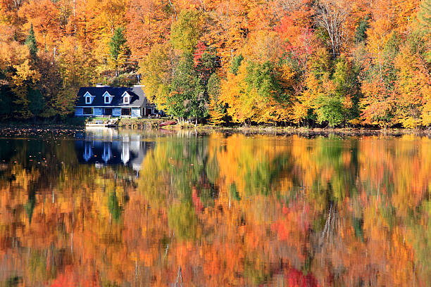 Autumn colors reflections on the lake, Quebec, Canada