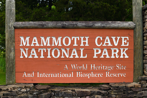 Mammoth Cave National Park welcome sign at the entrance.