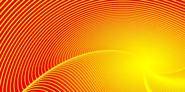 Vector illustration of A very beautiful spiral cross pattern of yellow and orange lines and dots on a red background with a bright light in the center. Flying dots balls