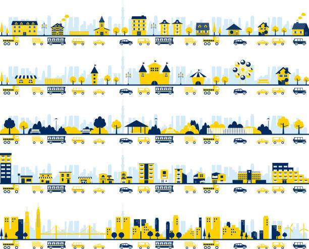 illustration set of city,town, amusement park and traffic illustration set of city,town, amusement park and traffic townscape stock illustrations