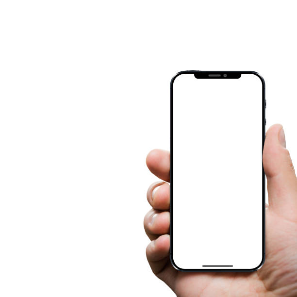 istock Smart phone in right hand with white screen. Clipping path for hand and phone. Isolated on white background. 1320246680
