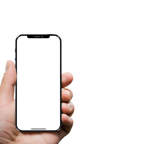 istock Smart phone in left hand with white screen. Clipping path for hand and phone. Isolated on white background. 1320246681