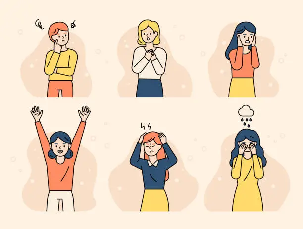 Vector illustration of The girls are expressing various emotions.