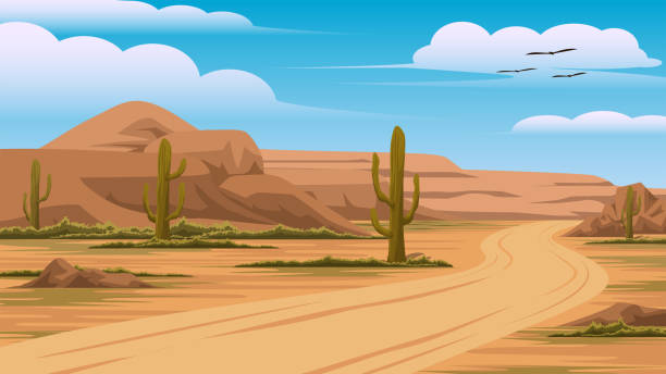 Illustration of a view of desert mountains sky and Cactus On both sides of a small road It was a day when the sky was clear the atmosphere was bright Illustration of a view of desert mountains sky and Cactus On both sides of a small road It was a day when the sky was clear the atmosphere was bright texas road stock illustrations