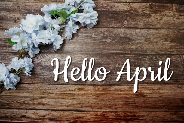 istock Hello April text and spring flower decoration on wooden background 1320254104