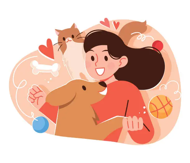 Vector illustration of A woman having fun playing time with her cat and dog.