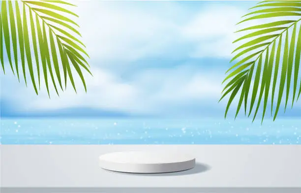 Vector illustration of white podium display with palm tree for product presentation