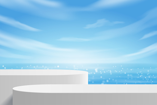 Empty modern white color table for pedestal product display, summer beach with blue sea and sky background.