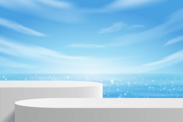 Empty modern white color table for pedestal product display Empty modern white color table for pedestal product display, summer beach with blue sea and sky background. background studio water stock illustrations