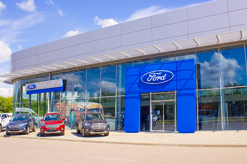 Kyiv, Ukraine - August 15, 2020: Ford store at Kyiv, Ukraine on August 15, 2020. The Ford Motor Company is an American multinational automaker founded by Henry Ford in 1903.