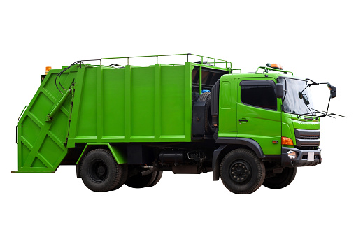 Garbage trucks into waste emptying containers for waste disposal in Thailand isolate on white background, Clipping path.