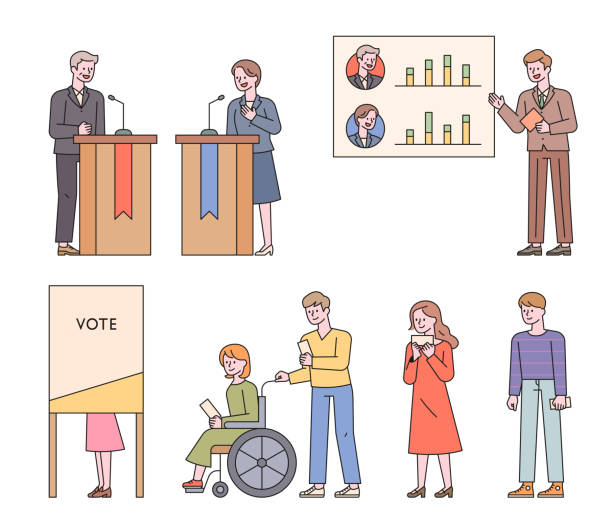 Democratic election Candidates for election debates, announcers to announce approval ratings, and citizens who stand in line to vote. vector design illustrations. voting queues stock illustrations